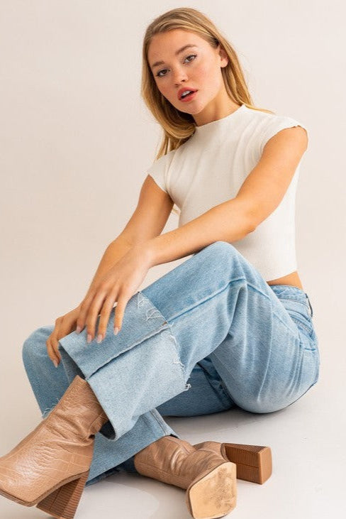 Chanel Cuffed High-Waisted Wide Leg Jeans