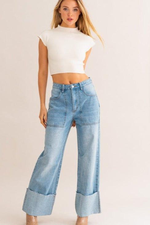 Chanel Cuffed High-Waisted Wide Leg Jeans