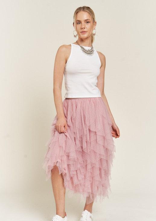 Lilly Layered Polka Dot Mesh Midi Skirt