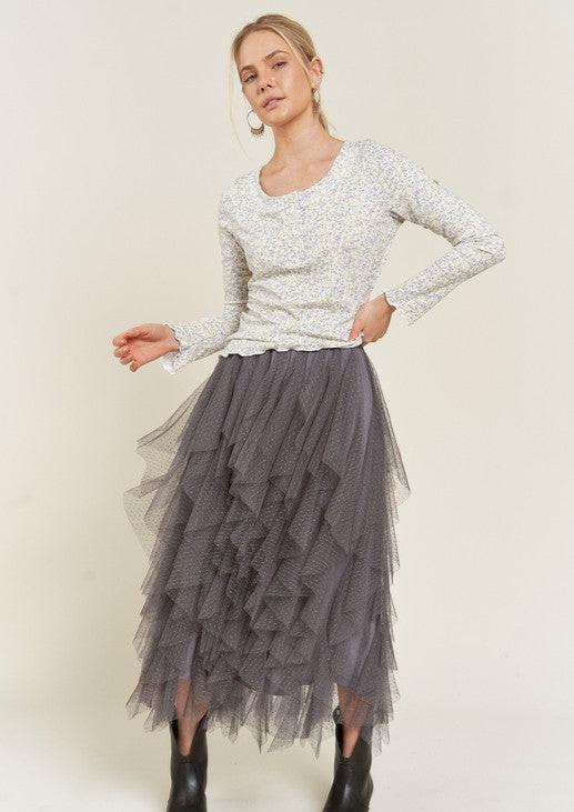 Lilly Layered Polka Dot Mesh Midi Skirt